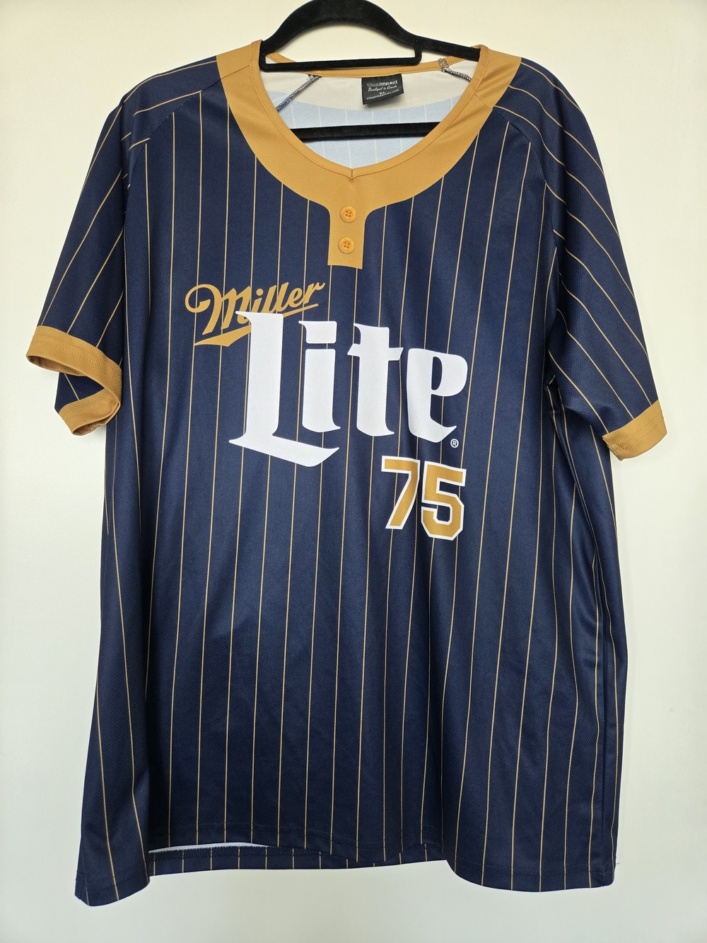 ​Miller Lite #75 Pinstripe Baseball Jersey Visual Impact Mens XL Navy Gold